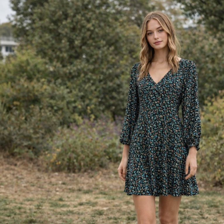 Princess Polly Bubble Sleeve Floral V-Neck Dress Black And Blue Flowers